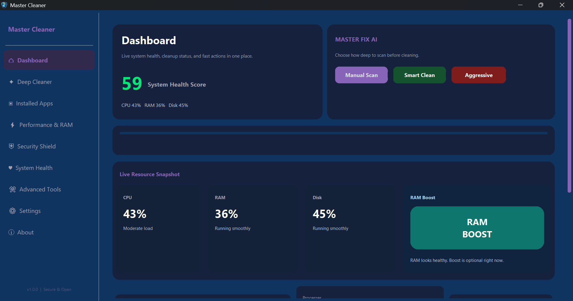 Master Cleaner Dashboard — live system health score, CPU/RAM/Disk monitoring, Master Fix AI, and RAM Boost
