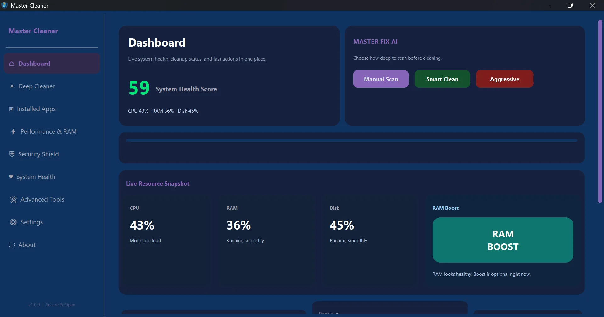 Master Cleaner Dashboard — live system health score, CPU/RAM/Disk monitoring, Master Fix AI, and RAM Boost